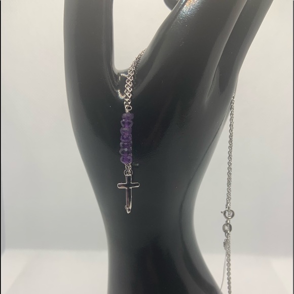 AMETHYST, SIDE CROSS STERLING SILVER NECKLACE - Picture 6 of 8